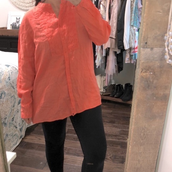 L.L. Bean large peach color linen long sleeve top - Picture 1 of 7